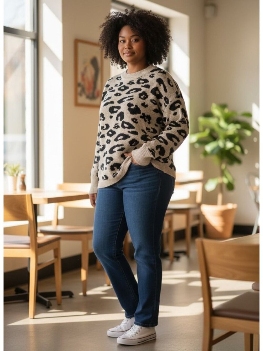 Andrée Leopard Print Beige Black Sweater M Polyester Crewneck Long Sleeve